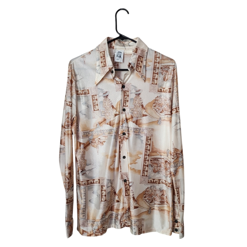 KENNINGTON x VINTAGE 1970's Novelty Print pointed‎ collar Button Up Shirt L